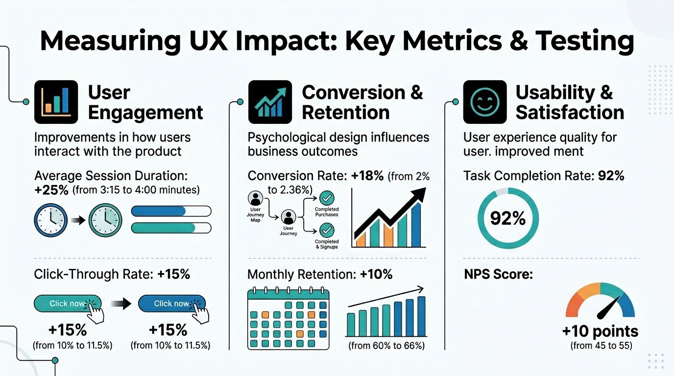 An infographic titled Measuring UX Impact displaying various key metrics for engagement, conversion, and user satisfaction.