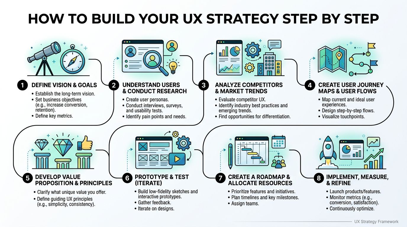 An eight-step infographic illustrating a comprehensive framework for building a successful user experience strategy.