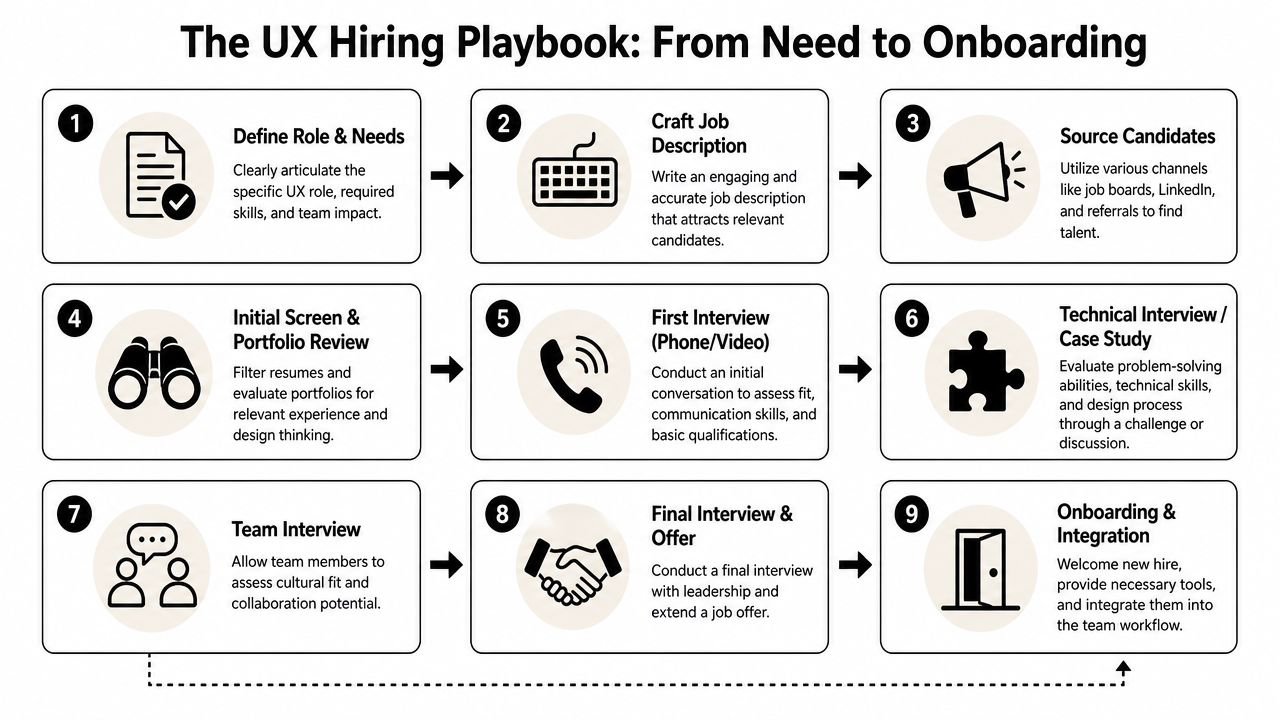 A nine-step infographic diagram titled The UX Hiring Playbook detailing the recruitment process for designers.