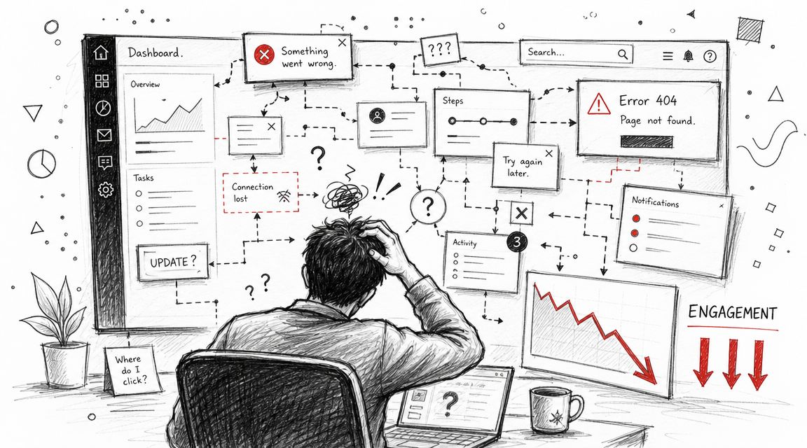 A stressed developer looking at a chaotic digital dashboard filled with technical errors and declining engagement charts.