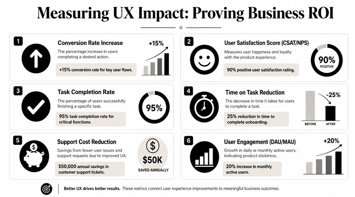 An infographic showing six key metrics for measuring user experience impact and proving business ROI effectively.