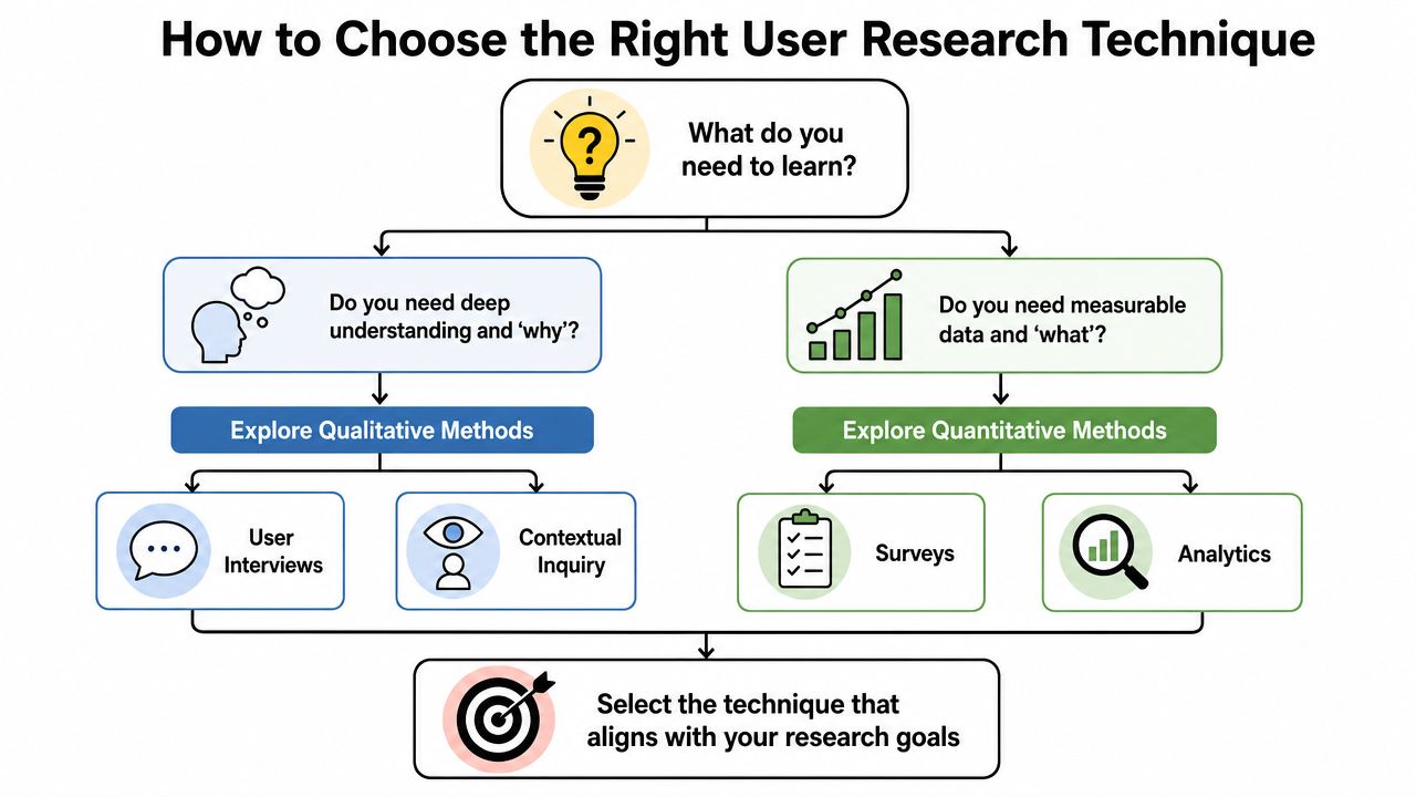 A flow chart illustrating how to choose the right user research technique based on your specific goals.