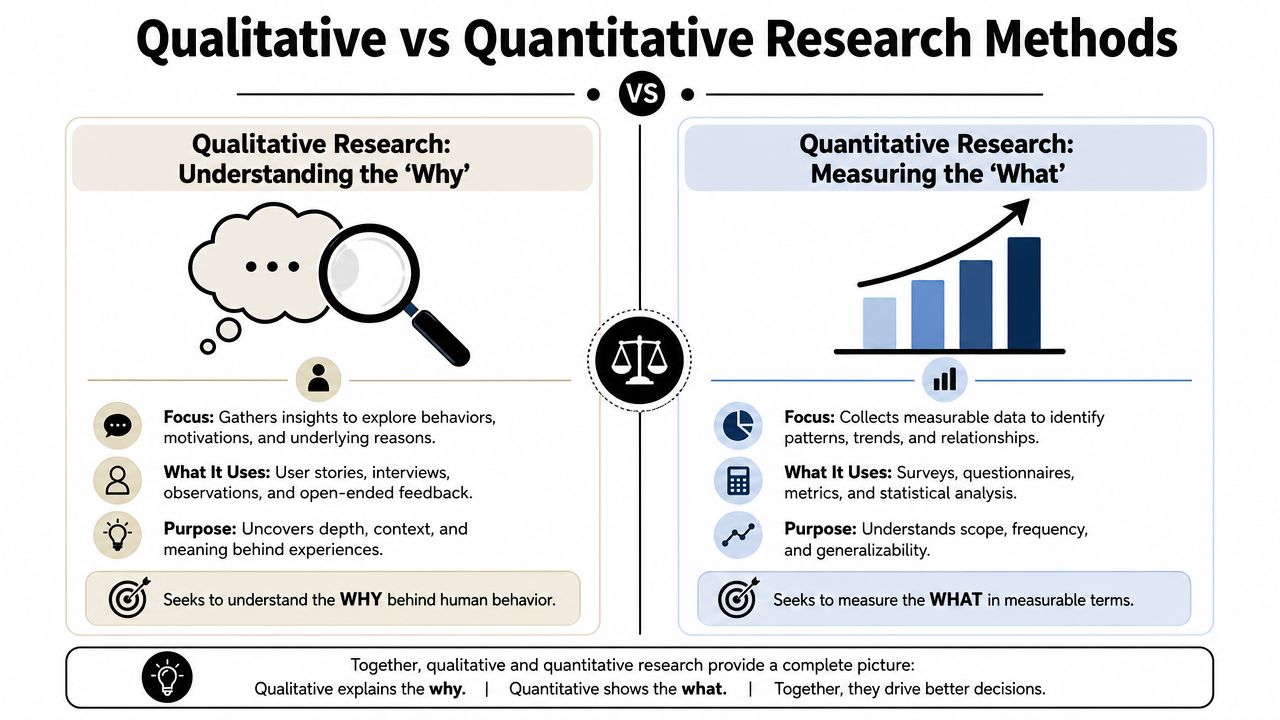 An infographic comparing qualitative research focusing on why and quantitative research focusing on what with descriptive examples.