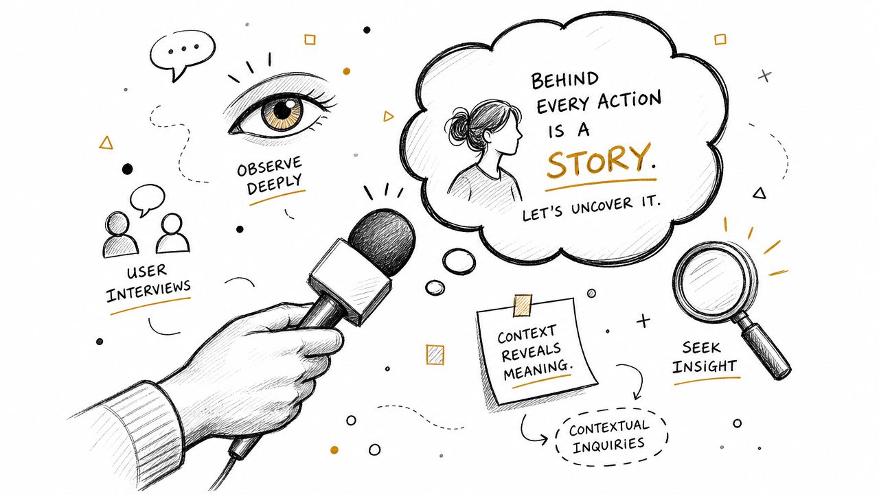 A conceptual illustration highlighting user research techniques with a microphone, a thought bubble, an eye, and magnifying glass.