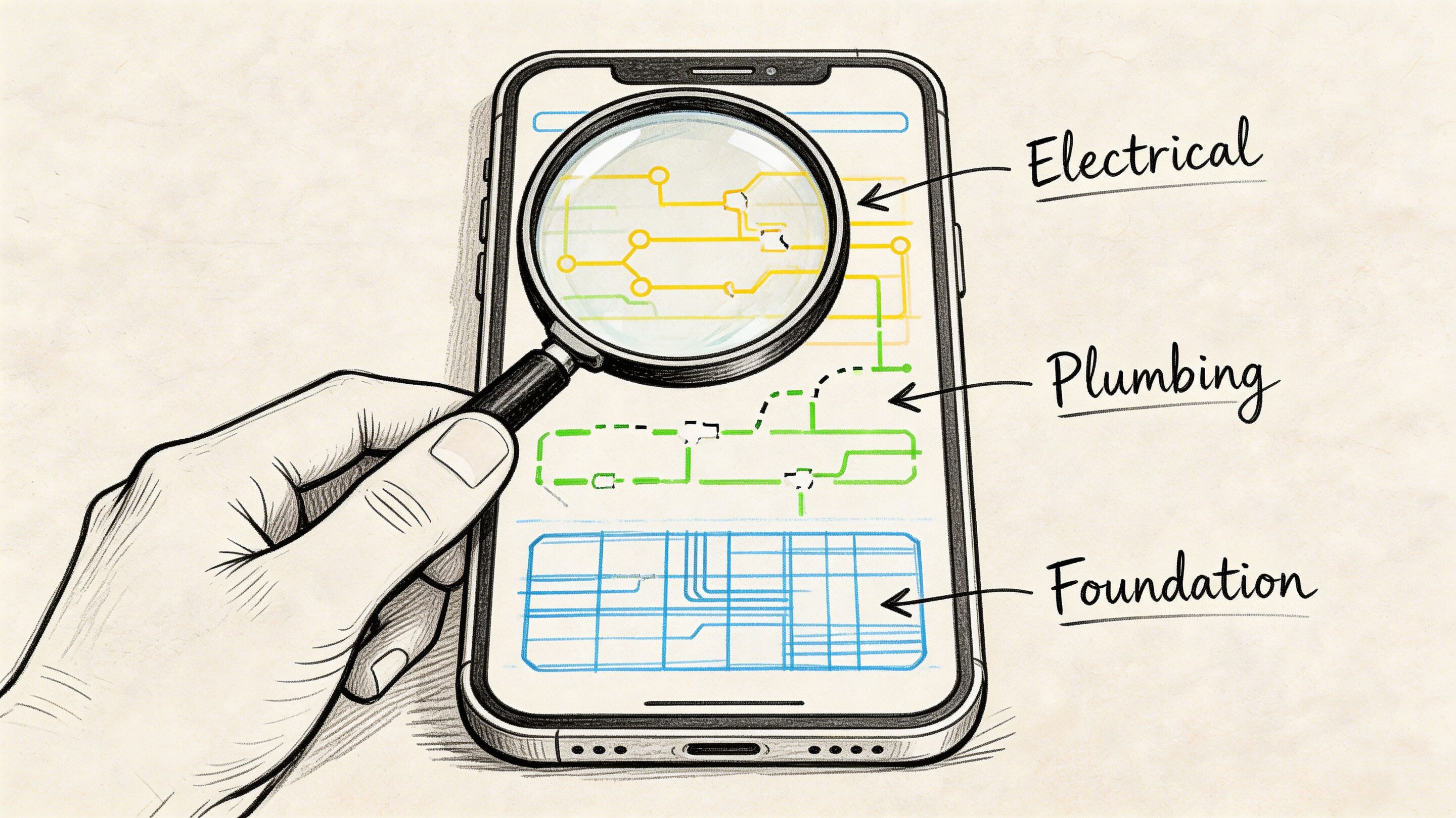 A hand holding a magnifying glass over a smartphone screen displaying various construction and engineering building diagrams.