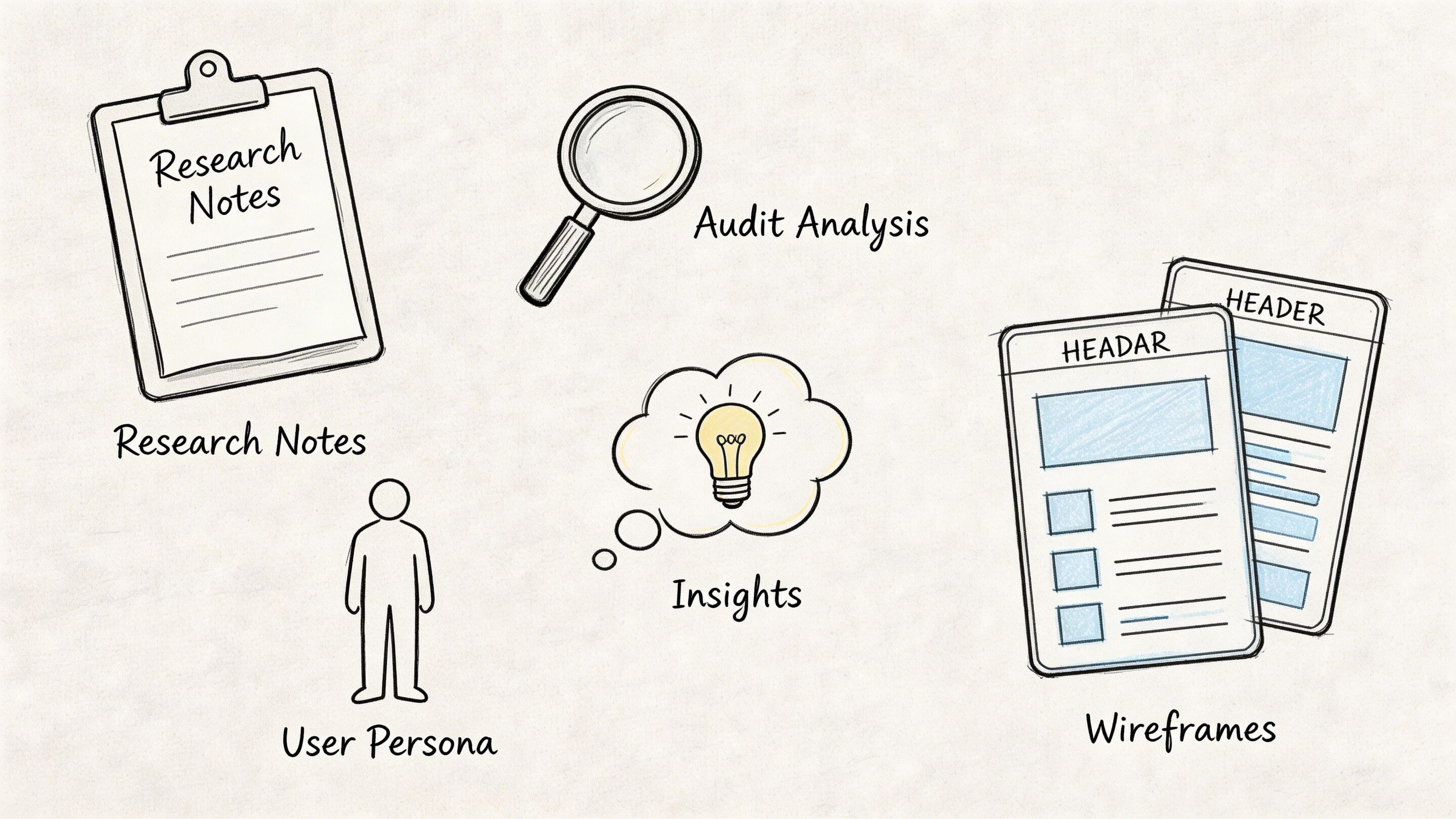 Hand-drawn illustrations representing UX design process steps including research notes, audit analysis, user persona, insights, and wireframes.