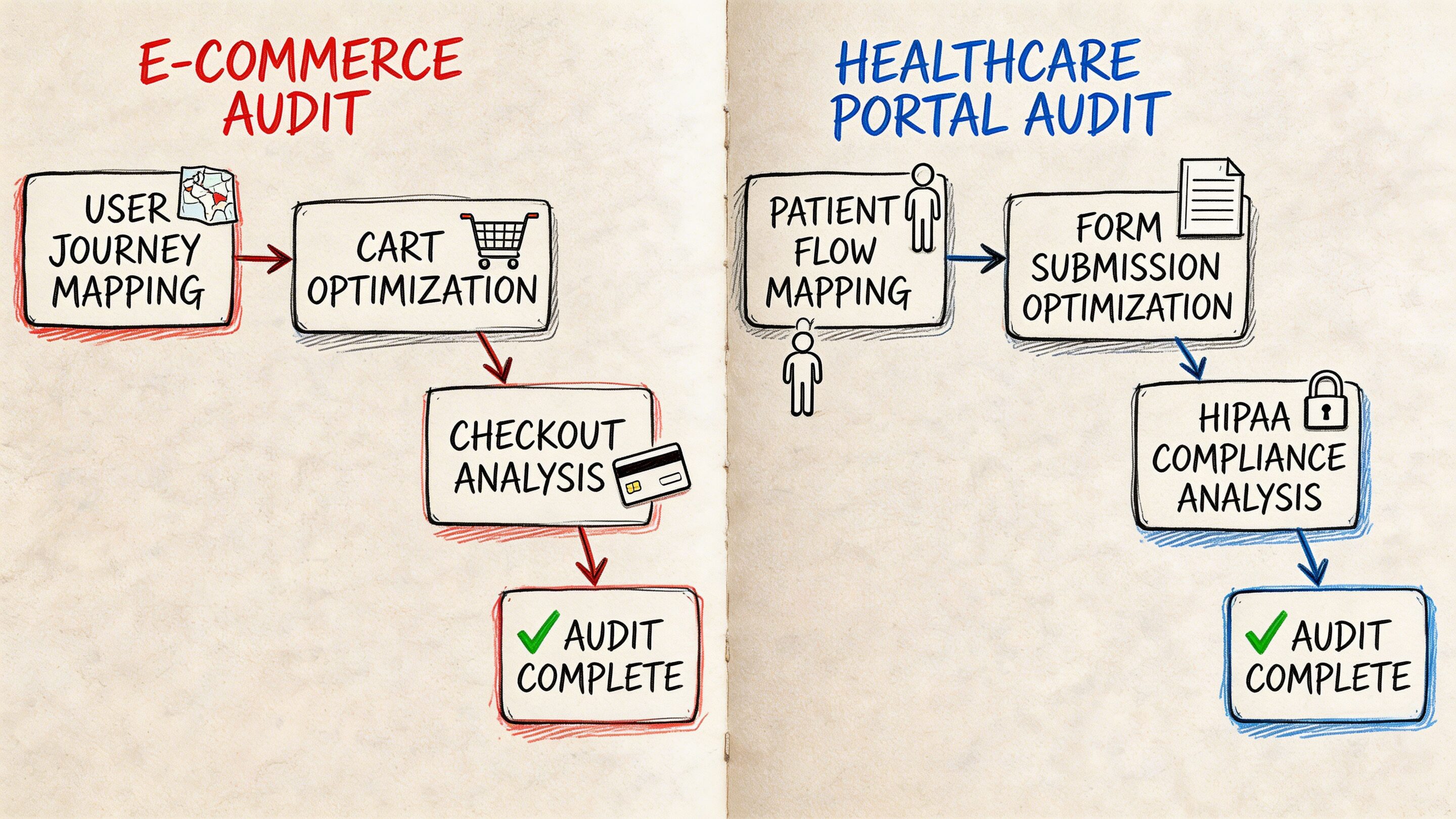 A diagram comparing the steps of an e-commerce audit and a healthcare portal audit on paper.