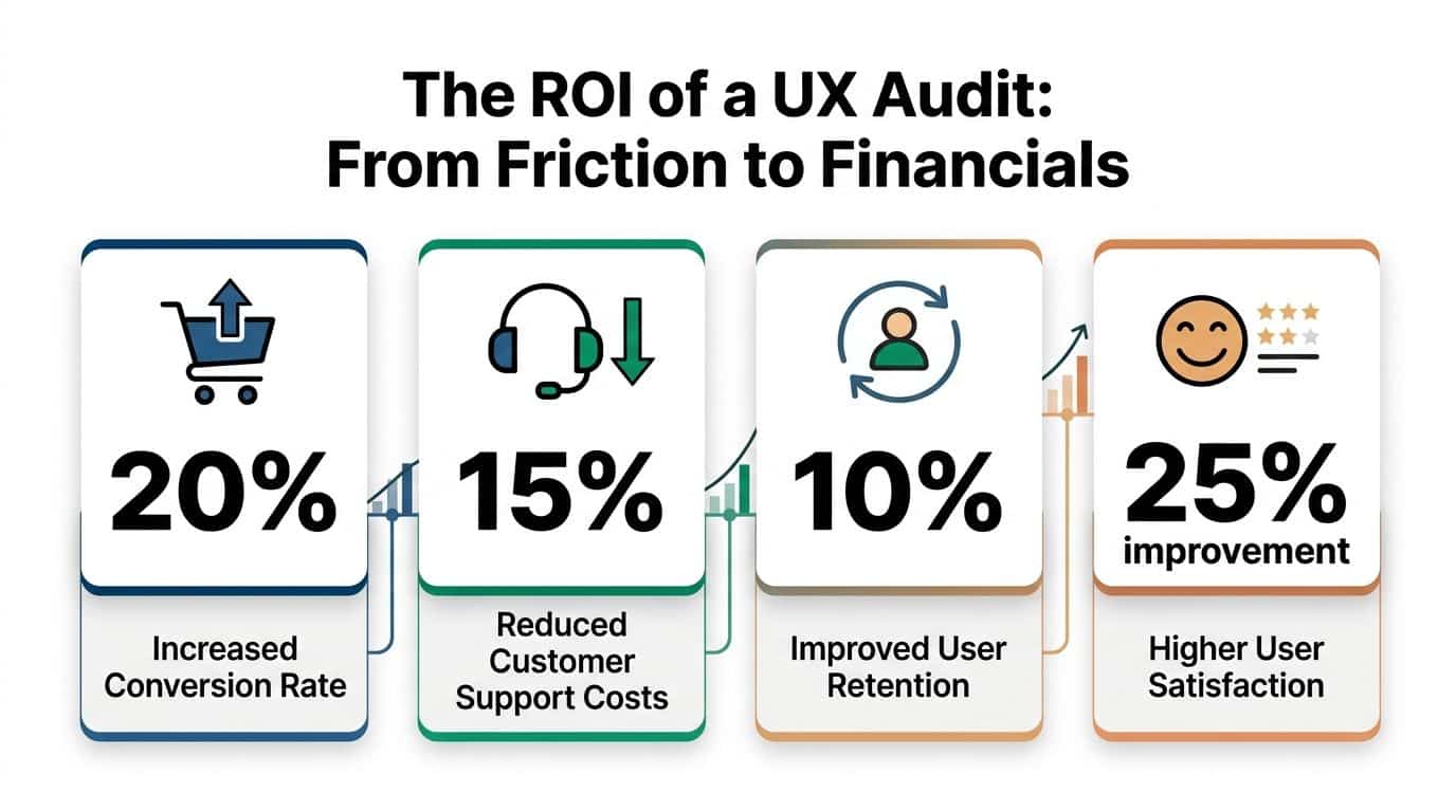 An infographic showing the ROI of a UX audit with statistics for conversion, support costs, retention, and satisfaction.