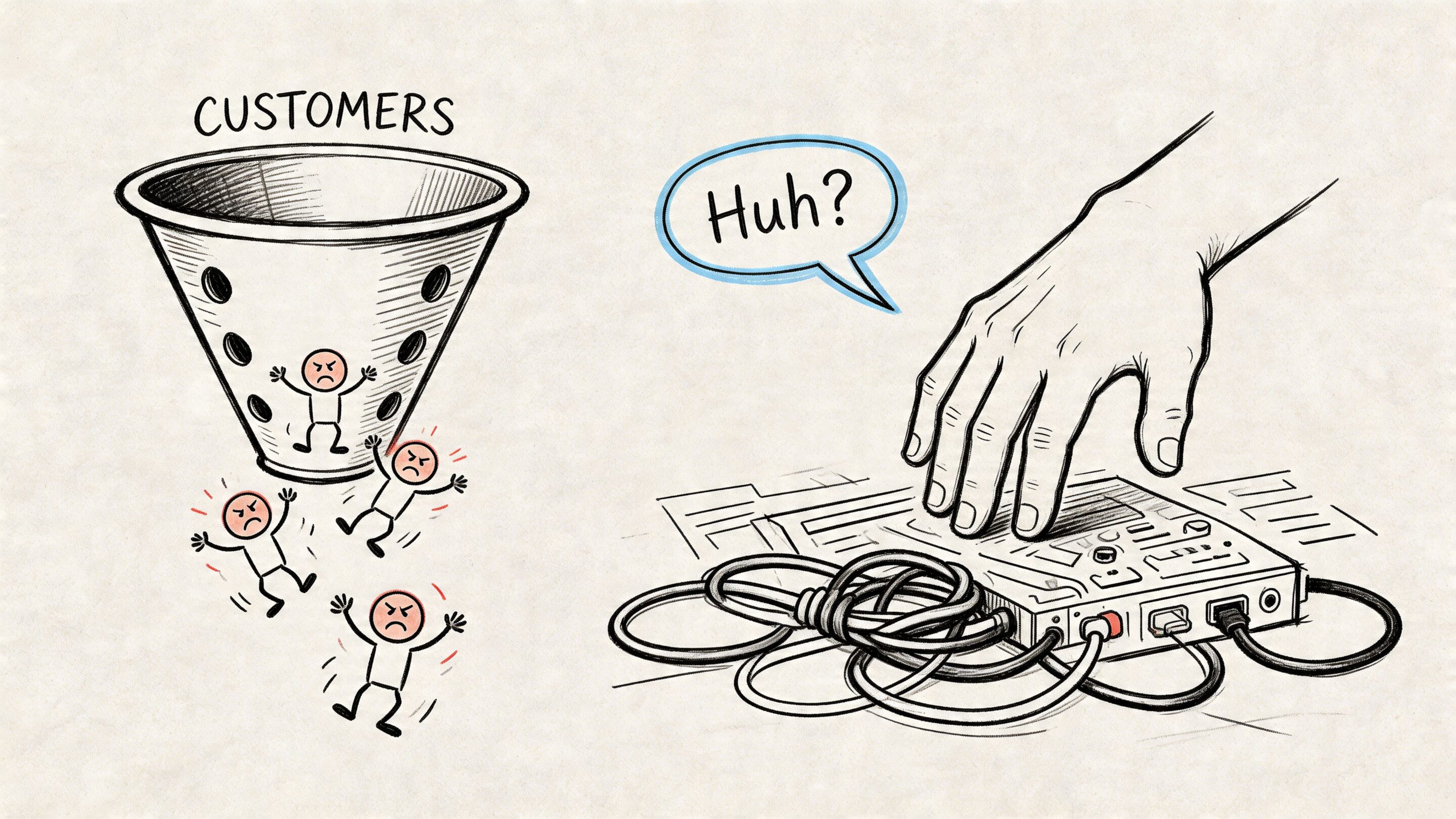 A hand touches a messy electronic device while frustrated stick figure customers fall through a leaking funnel.