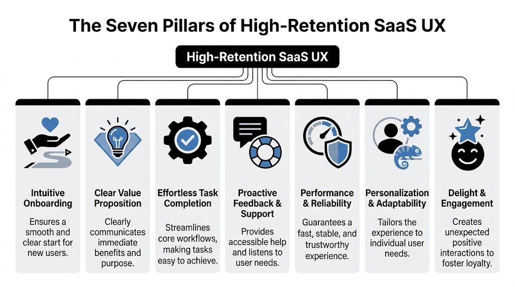 A diagram illustrating the seven essential pillars for high-retention SaaS UX, including onboarding, value, and performance.