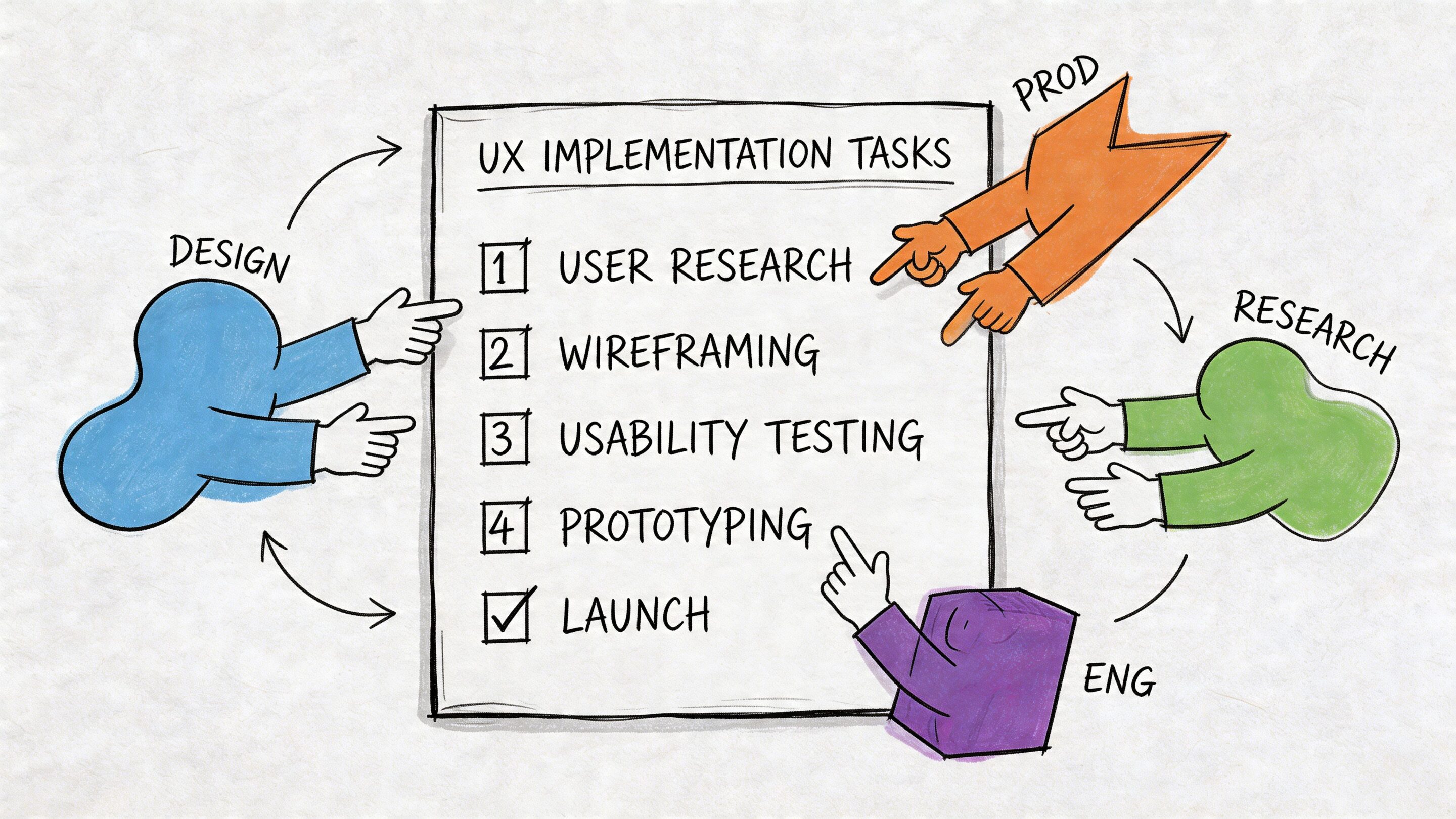 A hand-drawn illustration depicting different roles collaborating on a UX implementation task checklist.