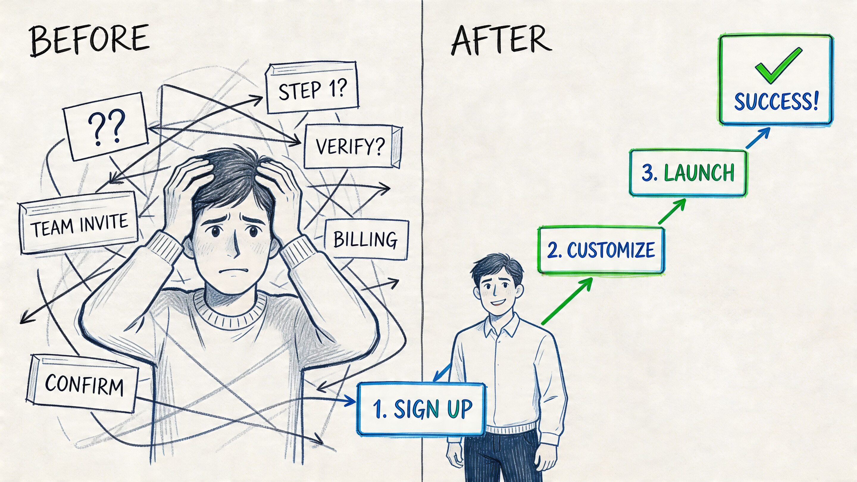A comparison showing a confused person in a complex process versus a happy person with a streamlined workflow.