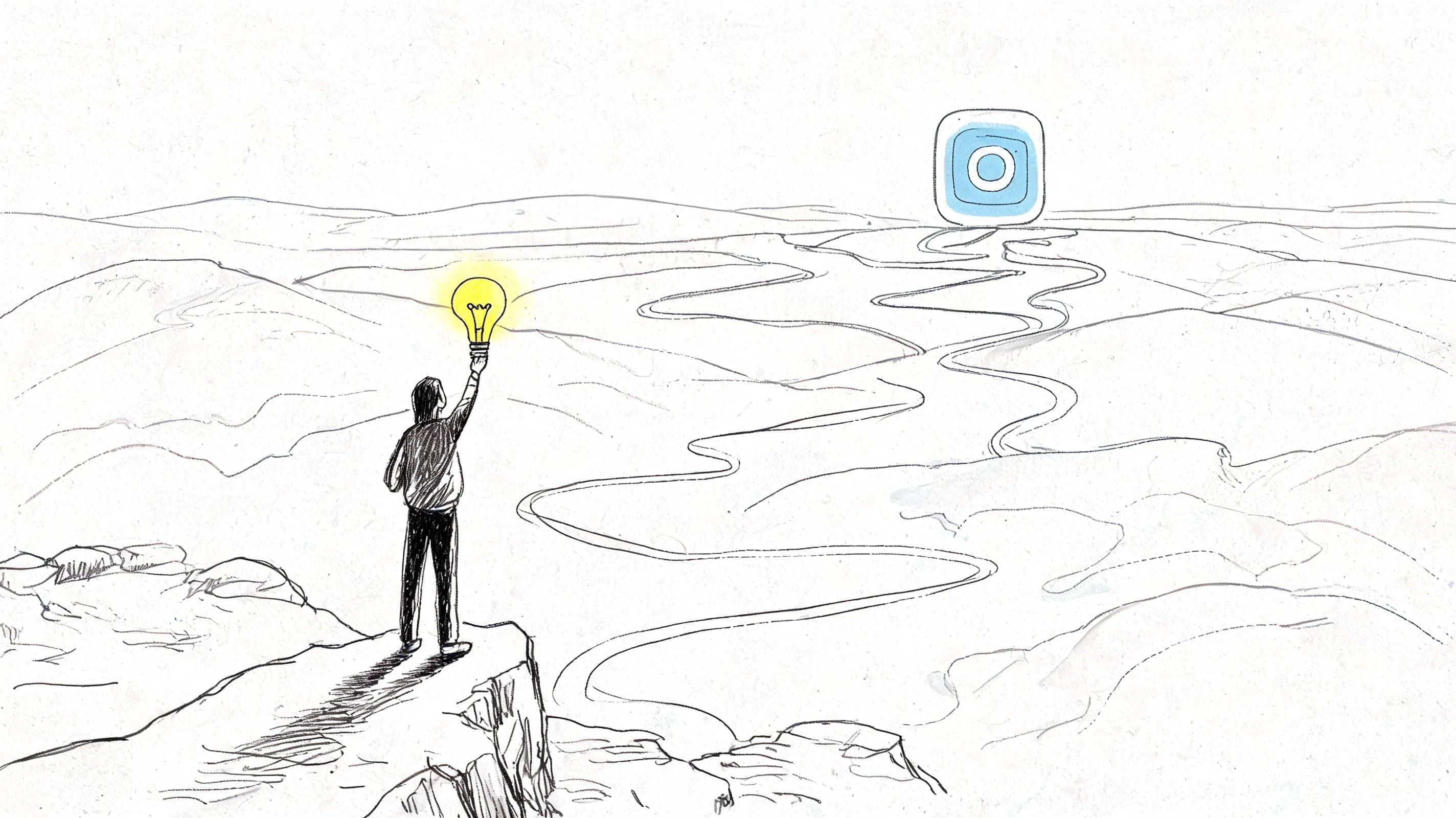 A sketched person stands on a cliff holding a lightbulb, looking toward a path leading to an Instagram icon.