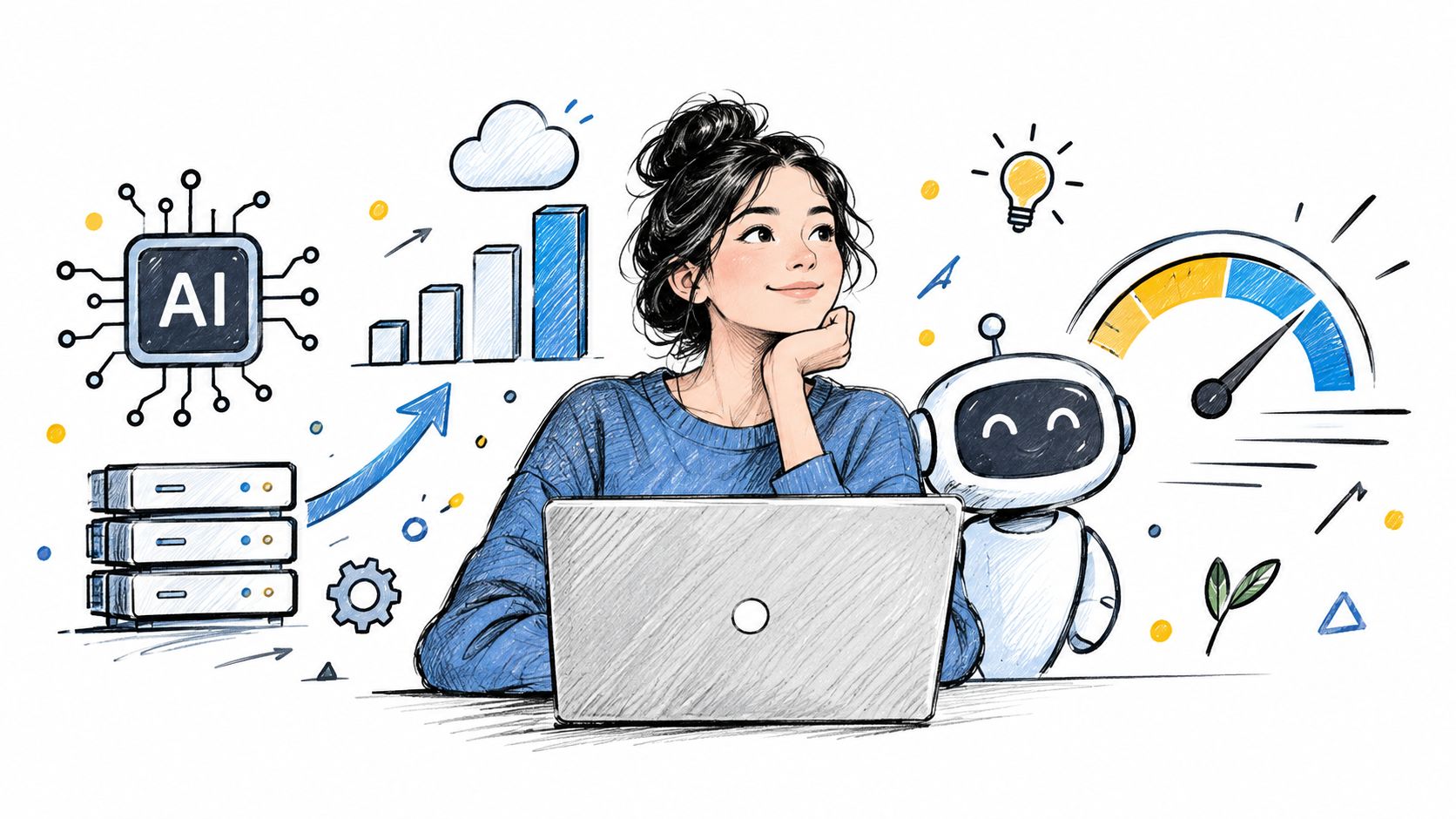 A woman working on a laptop with AI-themed icons and a friendly robot illustration nearby.