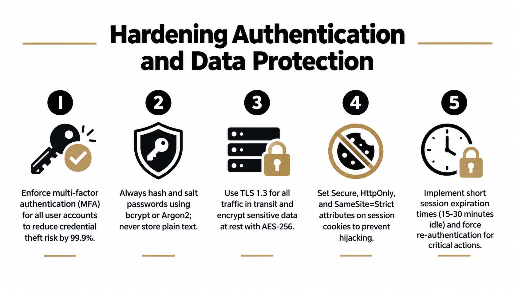 A five-point infographic detailing essential best practices for hardening authentication and securing data in web applications.