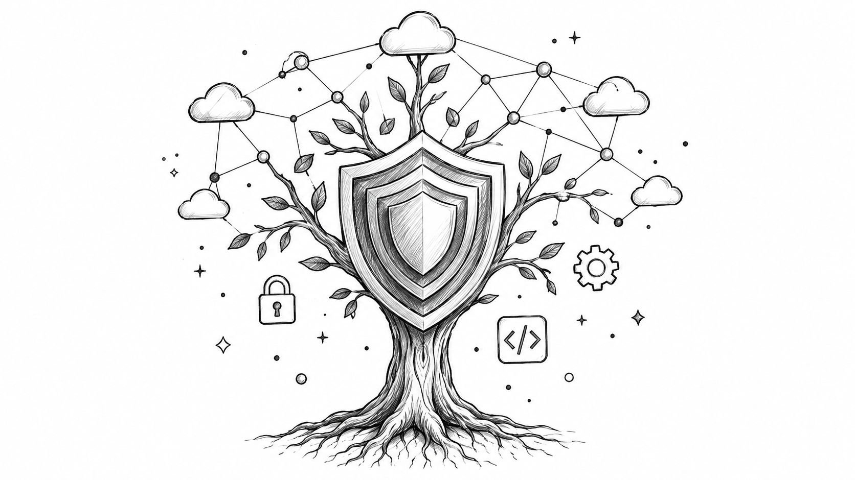 A pencil sketch of a tree with a shield, representing secure cloud infrastructure and software development.