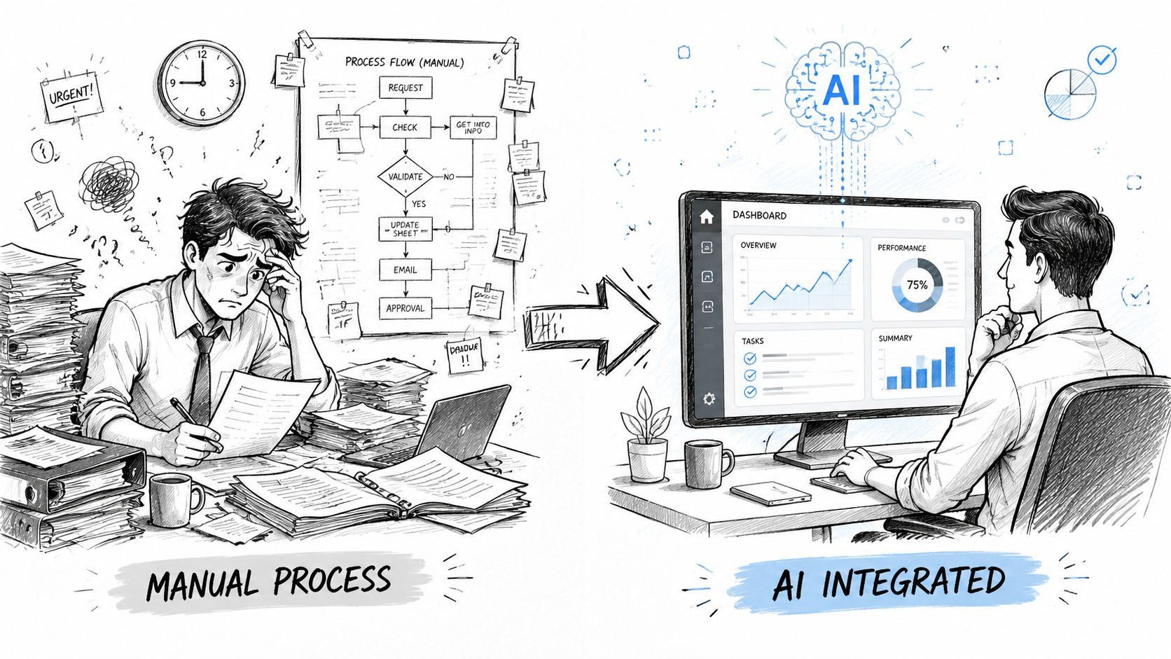 A comparison showing a stressed office worker handling manual paperwork versus an efficient worker using AI integration.
