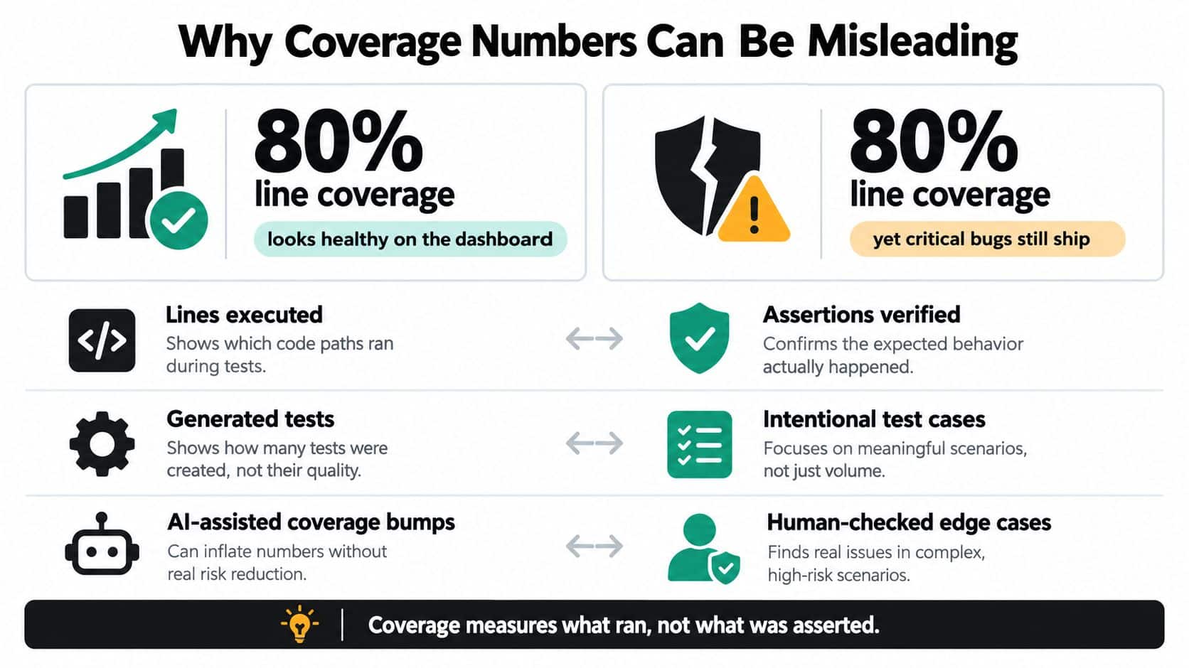An infographic illustrating why code coverage percentages can be misleading for software quality and testing effectiveness.