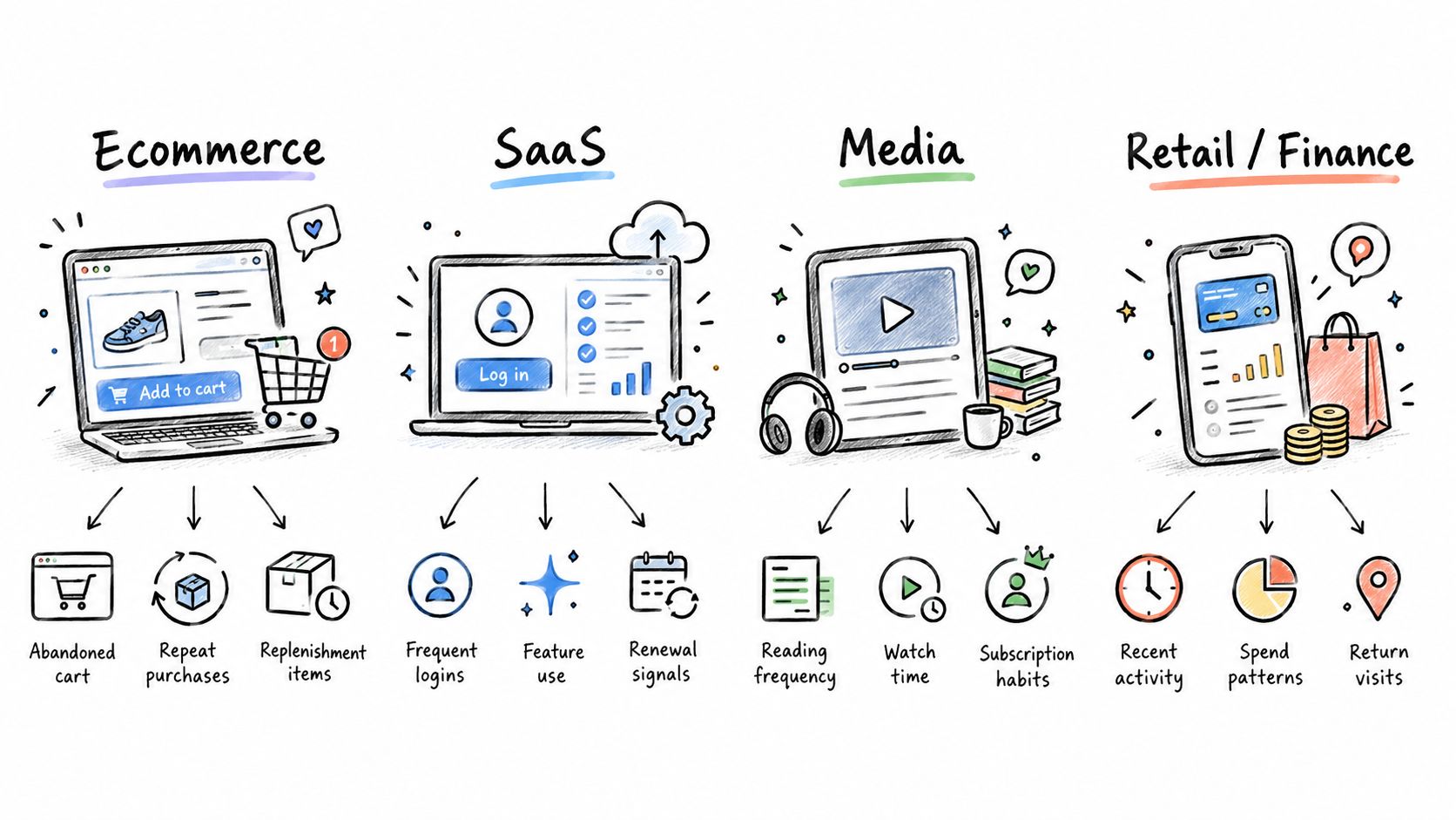 A diagram illustrating behavioral segmentation strategies across Ecommerce, SaaS, Media, and Retail or Finance industries.
