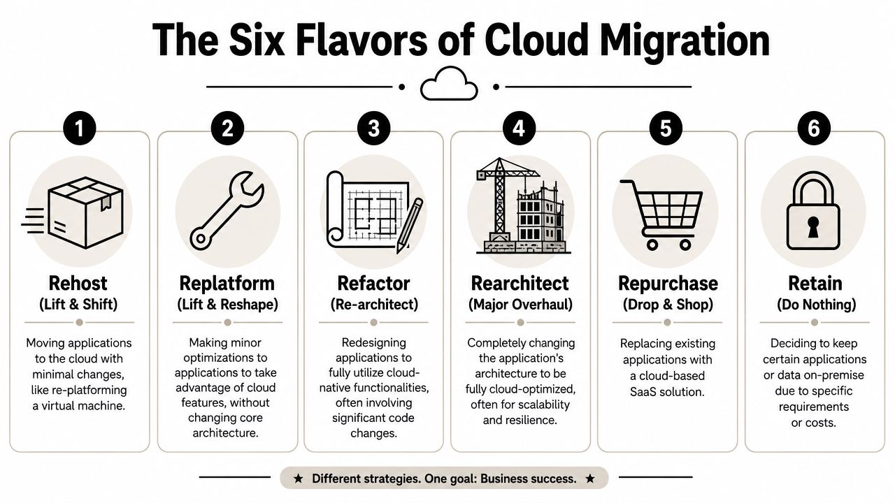 An infographic illustrating the six common strategies and flavors of cloud migration for businesses.