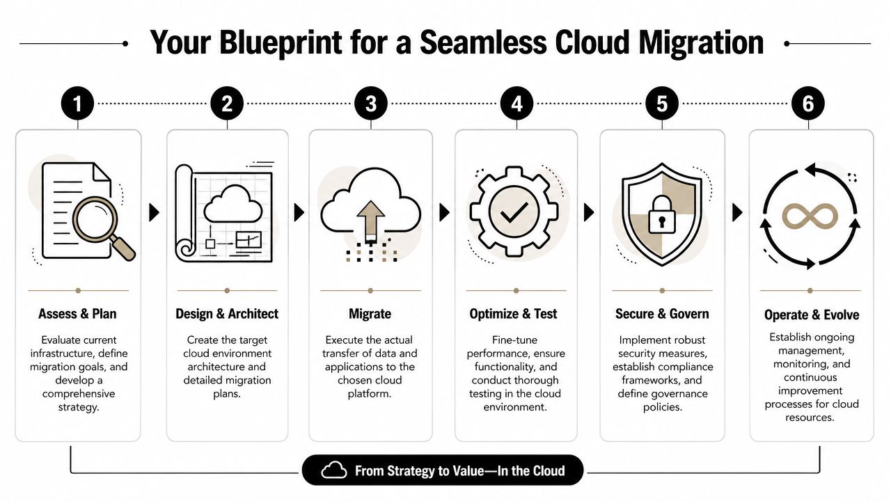 A six-step infographic outlining a strategic blueprint for achieving a successful and seamless cloud migration process.