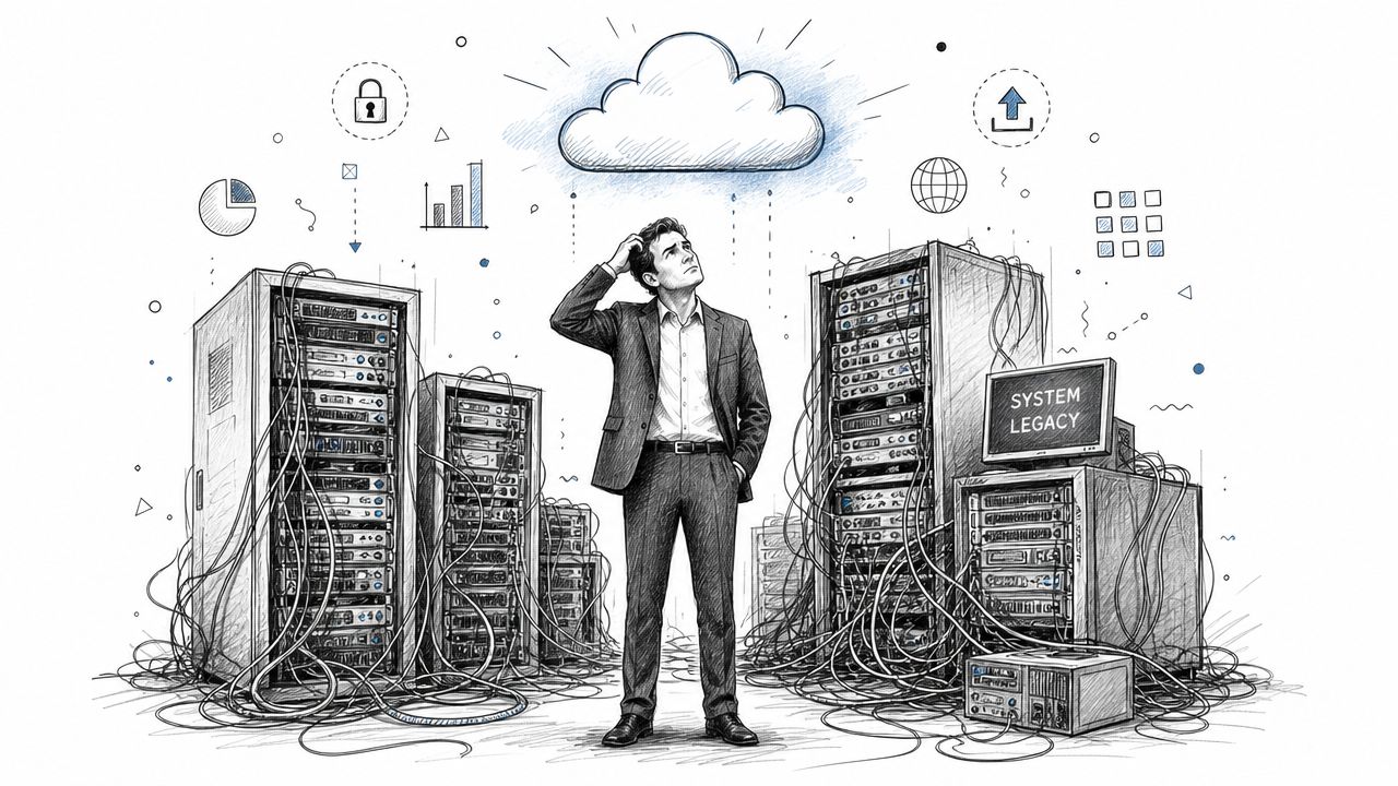 A professional in a suit thinking in a server room, pondering cloud migration for legacy IT systems.