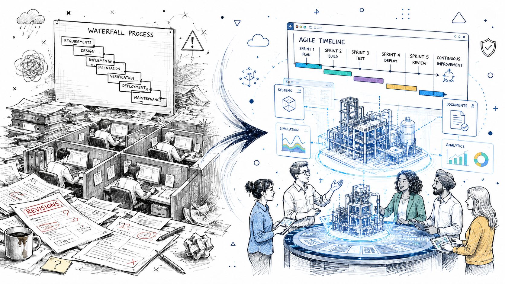 A split comparison showing a chaotic, paper-heavy Waterfall process versus an organized, modern digital engineering environment.
