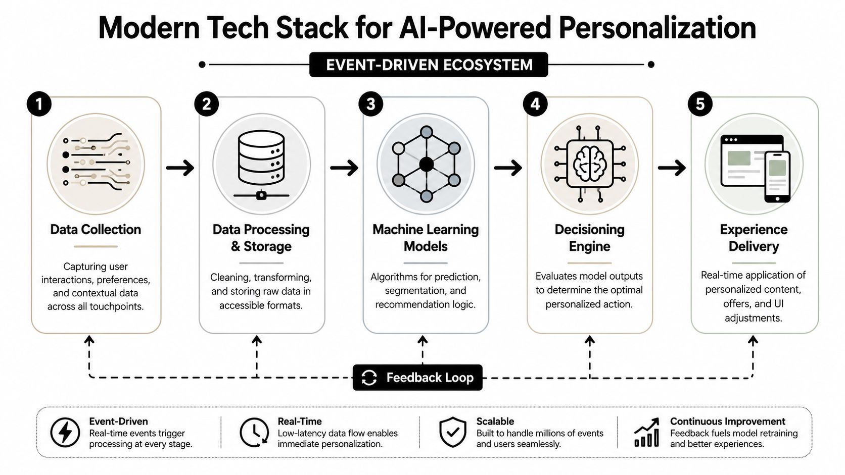 A diagram illustrating the five-stage modern technology stack required for implementing effective AI-powered ecommerce personalization.