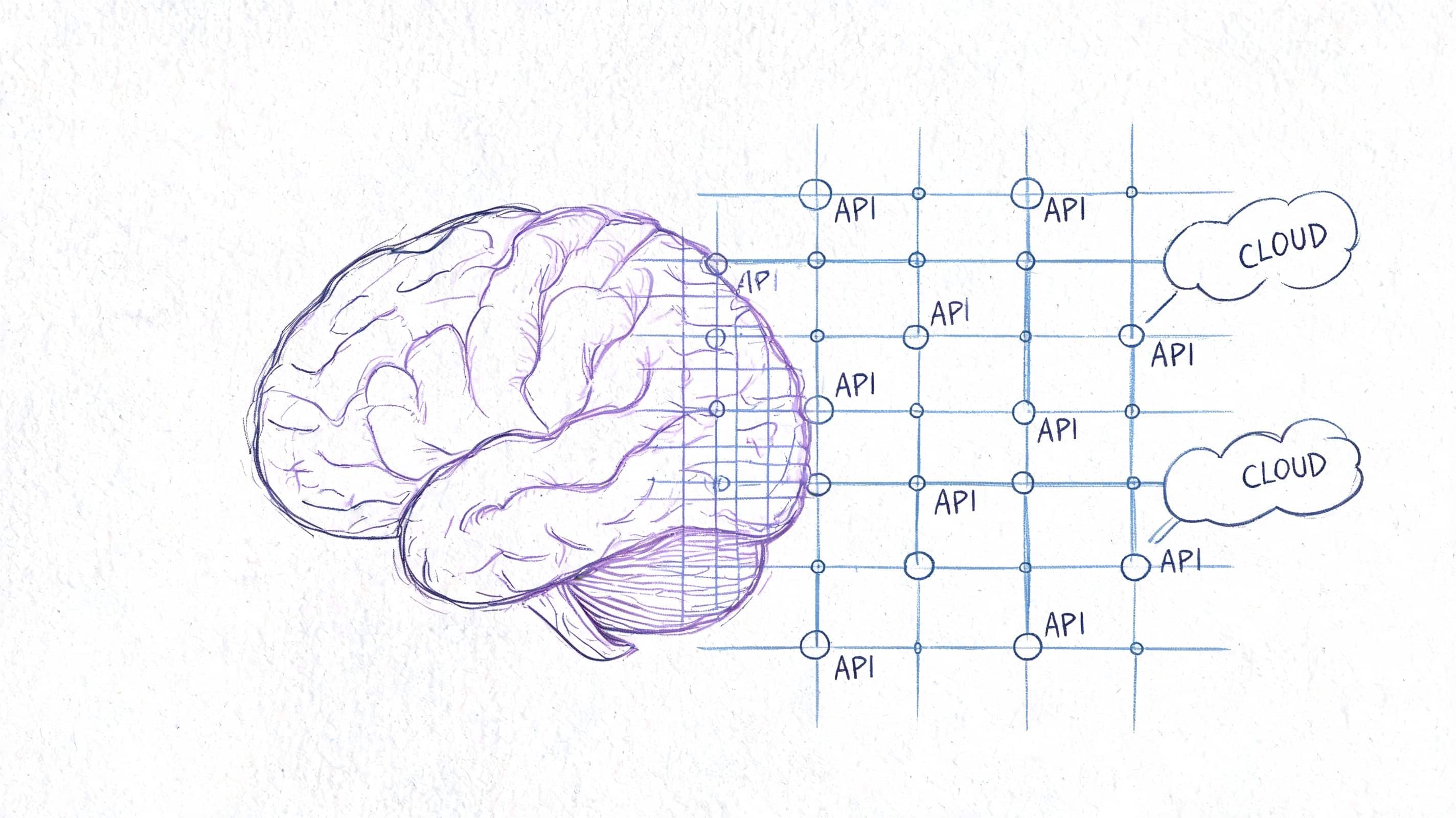 A hand-drawn illustration showing a human brain connected to a structured grid of cloud-based API nodes.