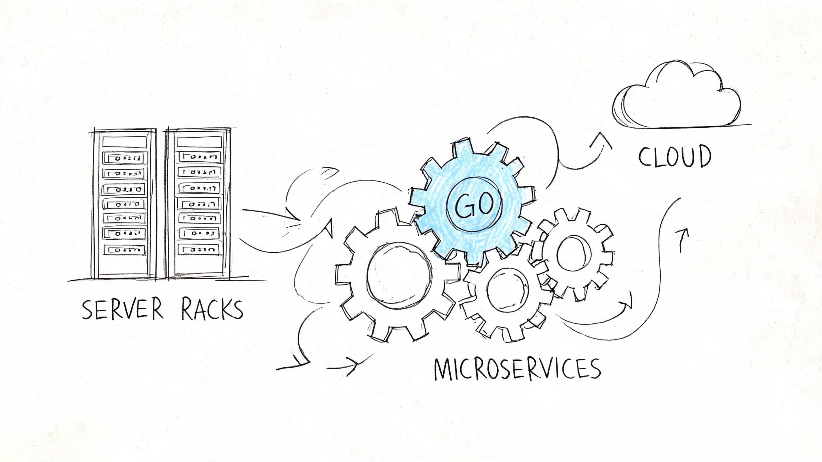 A hand-drawn illustration showing server racks connecting to Go-powered microservices and cloud infrastructure integration.