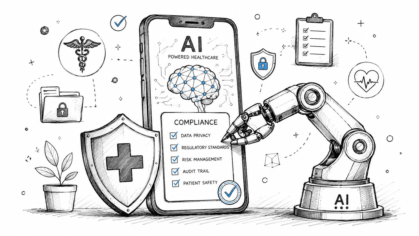 A robotic hand checking off healthcare compliance list on an AI powered smartphone screen with medical icons.