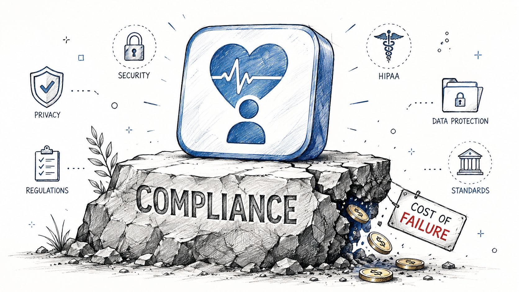A conceptual illustration showing a stone foundation labeled compliance with various healthcare and security icons.
