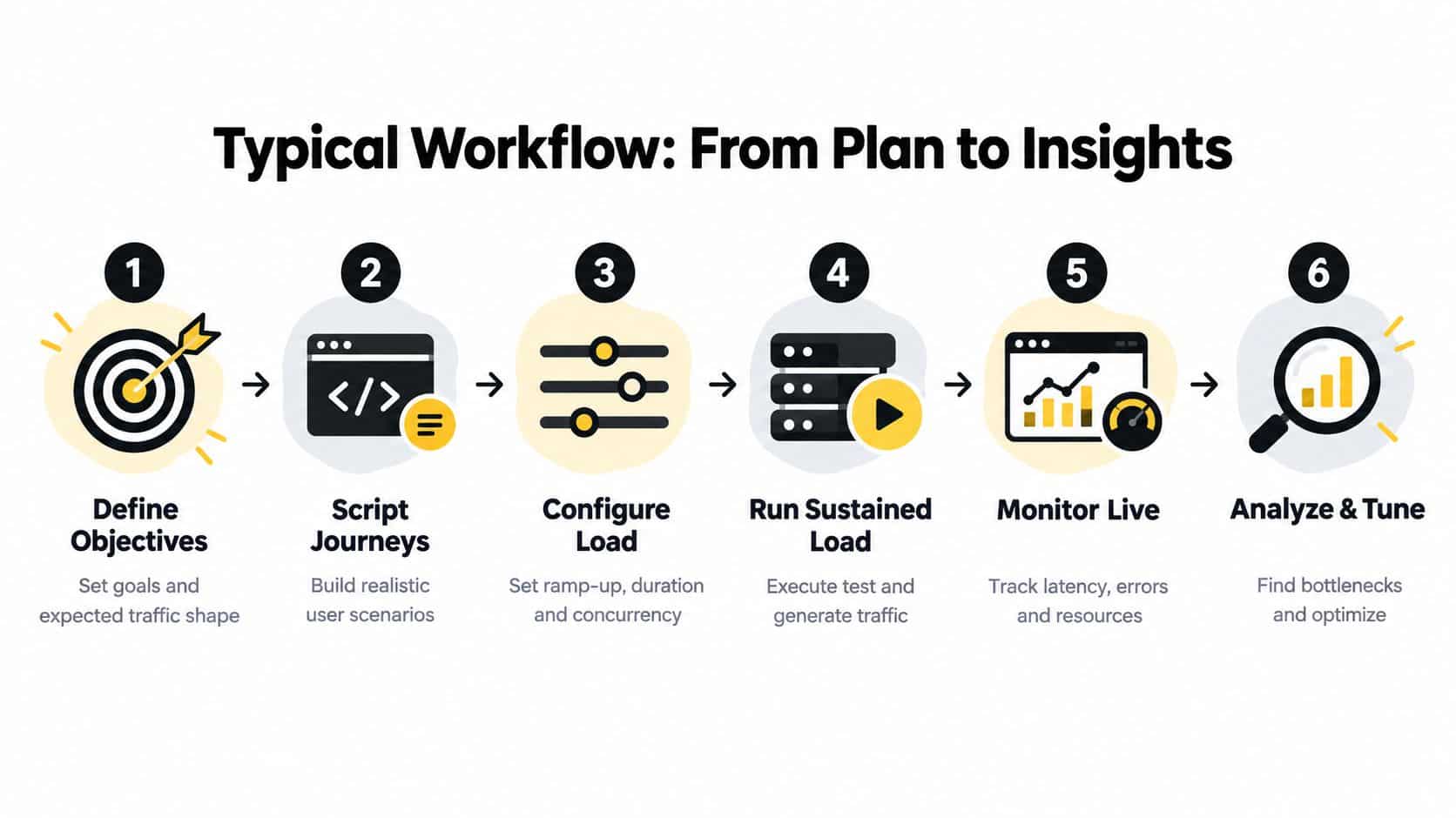 A six-step diagram illustrating a typical load testing workflow, from defining objectives to final analysis and tuning.