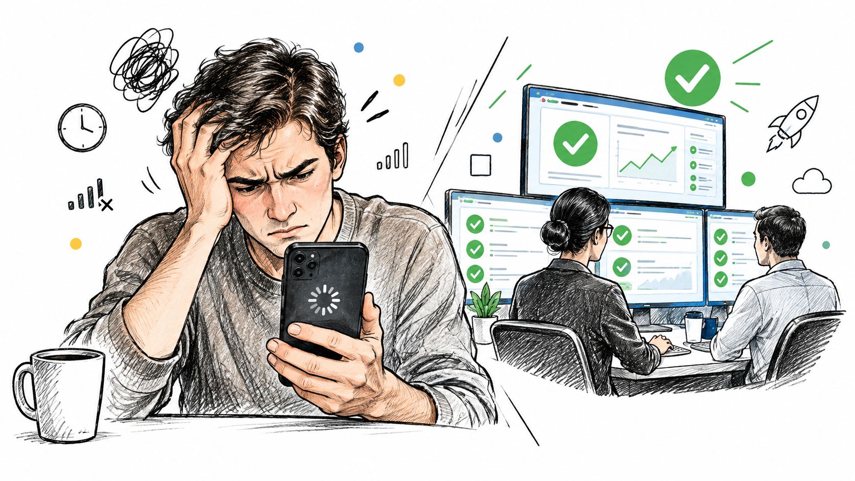A distressed person looking at a slow mobile phone while others work efficiently on computers in background.