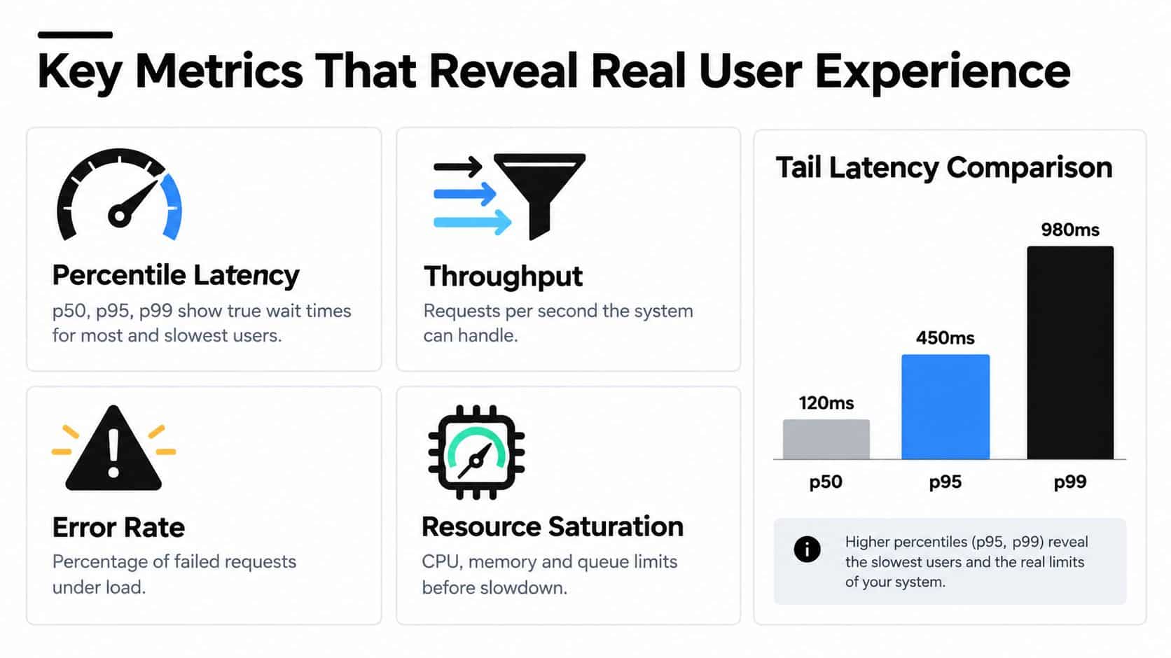 An infographic showing four key metrics for user experience including latency, throughput, error rate, and resource saturation.