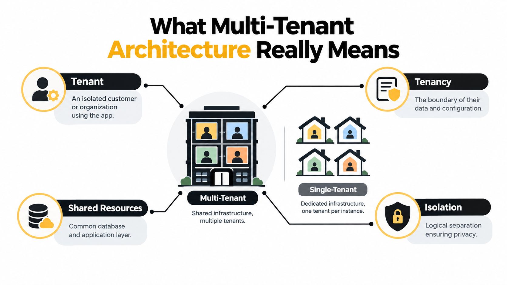 A diagram comparing multi-tenant and single-tenant architecture models highlighting shared versus dedicated infrastructure and tenant isolation.