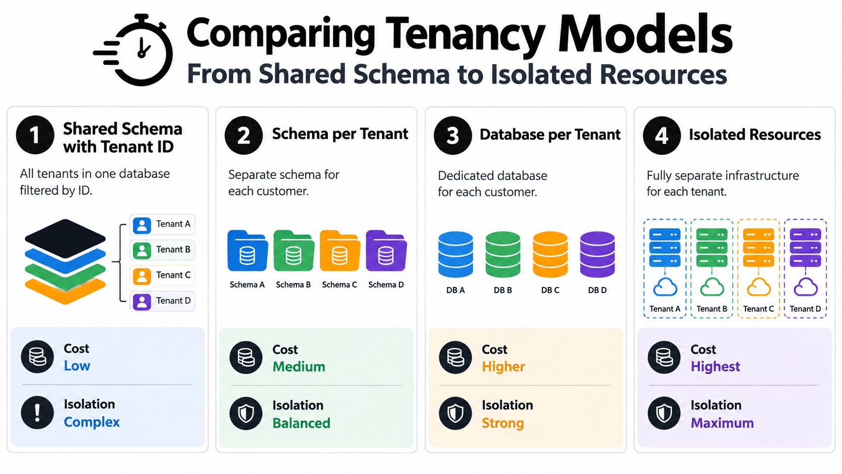 A diagram comparing four common multi-tenancy models ranging from shared database schemas to fully isolated infrastructure.