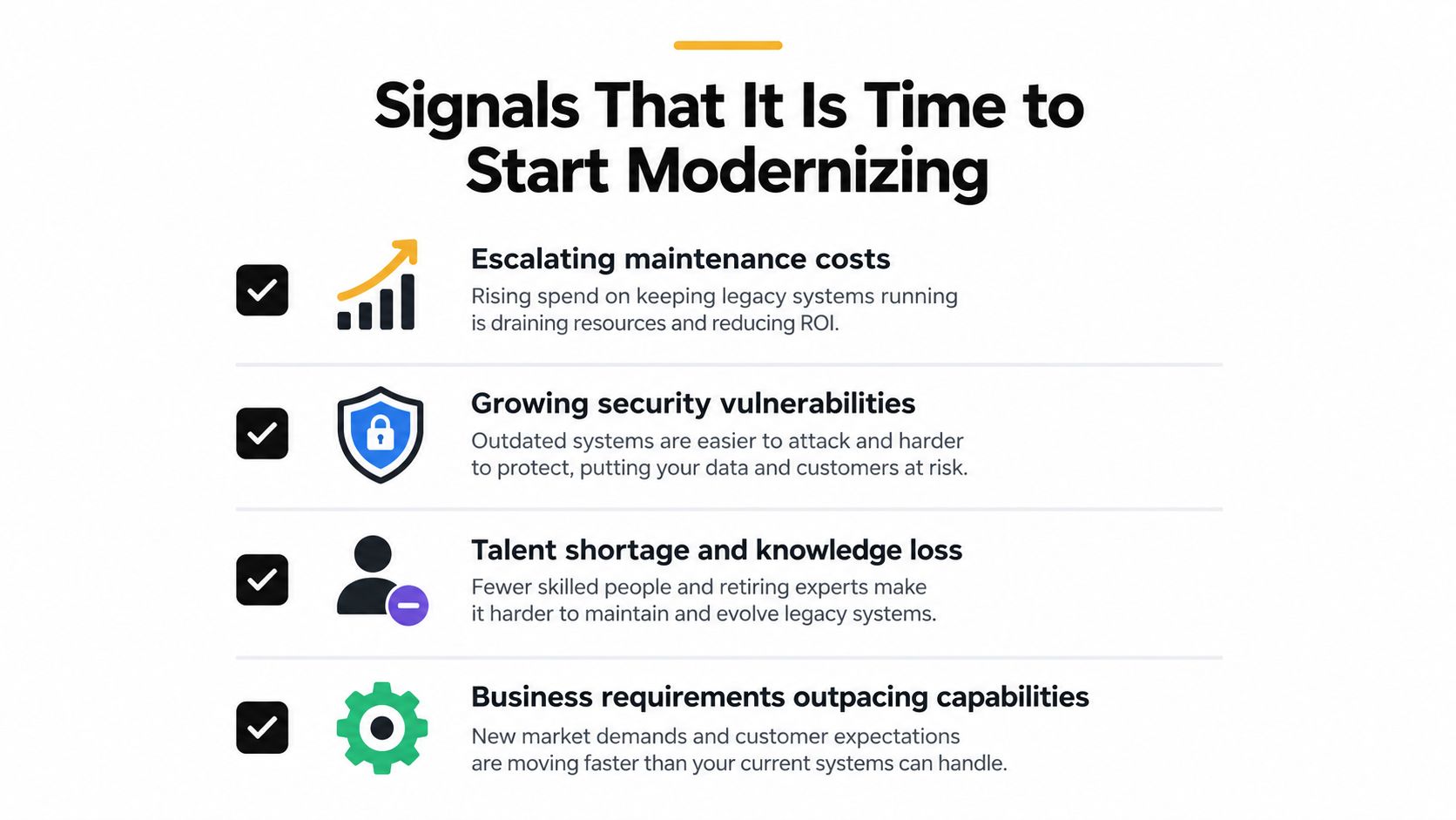 A list graphic illustrating four key signals indicating that it is time to modernize business legacy systems.
