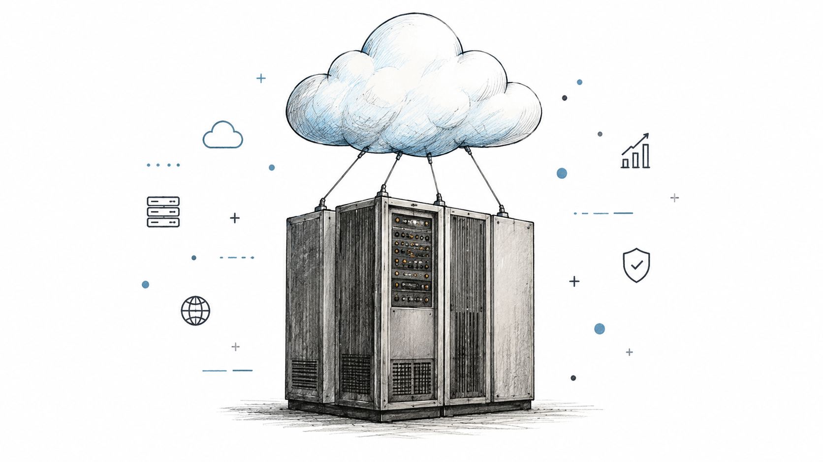 A hand-drawn illustration showing a large server rack connected to a cloud symbol above it.